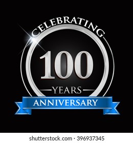 Celebrating 100 years anniversary logo. with silver ring and blue ribbon.