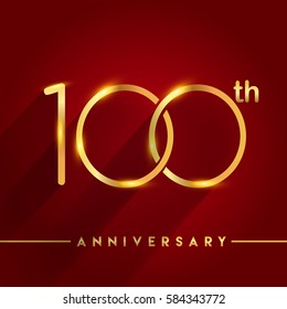 Celebrating of 100 years anniversary, logotype golden colored isolated on red background, vector design for greeting card and invitation card