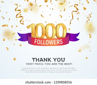 Celebrando a 1000 seguidores con una cinta brillante de color. Gráfica vectorial de 1000º suscriptores de felicitación