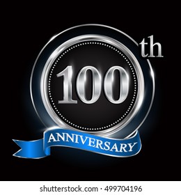 Celebrating 100th anniversary logo. with silver ring and blue ribbon.
