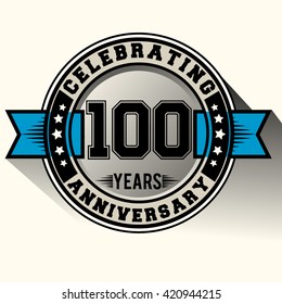 Celebrating 100th years anniversary logo vintage emblem with blue ribbon. Retro vector background.design.