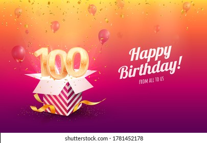 Celebrating 100th years birthday vector illustration. Hundred anniversary celebration background. Adult birth day. Open gift box with flying holiday numbers 