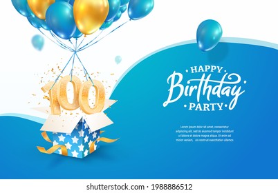 Celebrating 100th years birthday vector illustration. One hundred anniversary celebration. Adult birth day. Open gift box with numbers three and eight flying on balloons