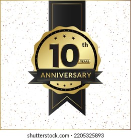 Celebrating 10th anniversary logo with gold ribbon and badge ribbon, sparkling white background and editable vector design.