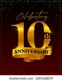 celebrando el décimo aniversario de la plantilla de tarjeta de saludo vectorial de banner. décimo dorado con cinta dorada y confetti sobre fondo rojo y negro