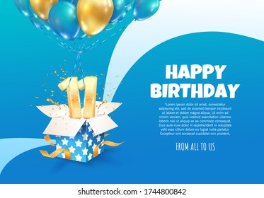 Celebrating of 11 th years birthday vector illustration. Eleven anniversary celebration. Open gift box with two numbers one flying on balloons 