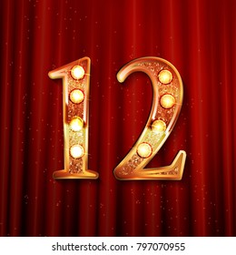 Celebrating of 12 years anniversary, logotype golden colored isolated on the background of a red curtain. Vector illustration