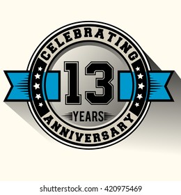 Celebrating 13 years anniversary logo vintage emblem with blue ribbon. Retro vector background.