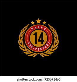 Celebrating 14 Anniversary Emblematic Badge Vector Illustration Red and Yellow Gold