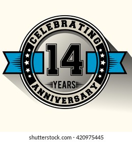 Celebrating 14 years anniversary logo vintage emblem with blue ribbon. Retro vector background.