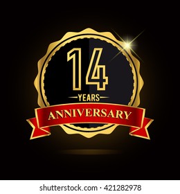 Celebrating 14 years anniversary logo. with golden ring and red ribbon.