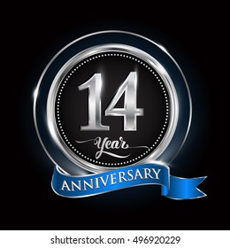 Celebrating 14 years anniversary logo. with silver ring and blue ribbon.