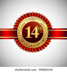 Celebrating 14th anniversary logo, with golden badge and red ribbon isolated on white background.