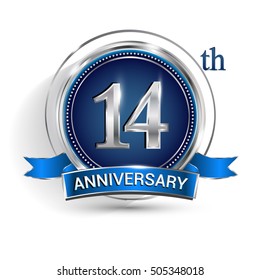 Celebrating 14th anniversary logo, with silver ring and blue ribbon isolated on white background.