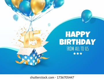 Celebrating of 15 th years birthday vector 3d illustration. Fifteen anniversary celebration. Open gift box with explosions confetti and golden numbers flying on balloons on light background