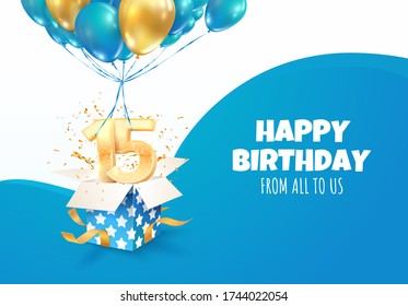 Celebrating of 15 th years birthday vector illustration. Fifteen anniversary celebration. Teenage birth day. Open gift box with numbers one and five  flying on balloons 