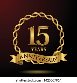 Celebrating 15 years anniversary with golden ring and ribbon on dark background, vector design.