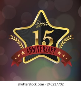 Celebrating 15 Years Anniversary - Golden Star with Laurel Wreath Seal with Red Golden - Layered EPS 10 Vector.