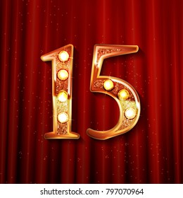 Celebrating of 15 years anniversary, logotype golden colored isolated on the background of a red curtain. Vector illustration