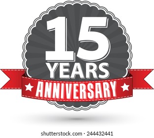 Celebrating 15 years anniversary retro label with red ribbon, vector illustration