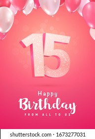 Celebrating of 15 years anniversary vector 3d illustration on soft background. Fifteen years birthday celebration and open gift box with balloons poster template