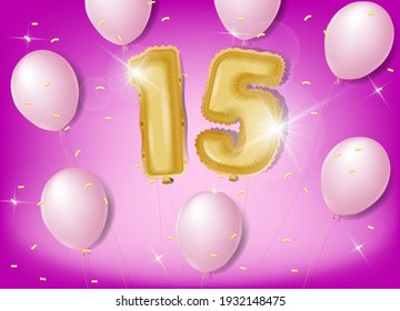 Celebrating 15 years with gold and pink balloons and glitter confetti on a pink background. Vector design for celebrations, invitation cards and greeting cards.