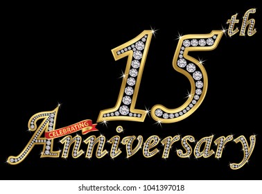 Celebrating  15th anniversary golden sign with diamonds, vector illustration
