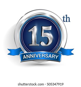 Celebrating 15th anniversary logo, with silver ring and blue ribbon isolated on white background.