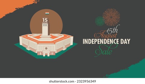 La venta del día de la independencia ofrece descuentos en el color naranja y verde del agua en el fondo de los medios sociales banner o diseño de afiches con el nuevo edificio del Parlamento ilustración vectorial 