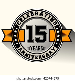 Celebrating 15th years anniversary logo vintage emblem with yellow ribbon. Retro vector background.