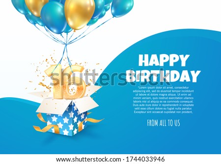 Celebrating of 16 th years birthday vector illustration. Sixteen anniversary celebration. Teenage birth day. Open gift box with numbers one and six flying on balloons 