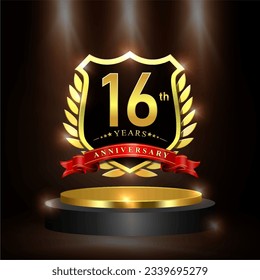 Celebrating 16 years anniversary logo with golden shield and ribbon, laurel wreath, cylinder podium vector design.