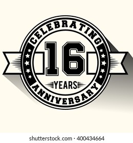 Celebrating 16 years anniversary logo vintage emblem. Retro vector background.