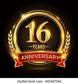 Celebrating 16 years anniversary logo with golden ring and red ribbon.