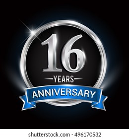 Celebrating 16 Years Anniversary Logo With Silver Ring And Blue Ribbon.