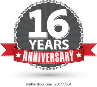 Celebrating 16 years anniversary retro label with red ribbon, vector illustration