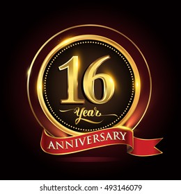 Celebrating 16 years anniversary template logo with golden ring and red ribbon.