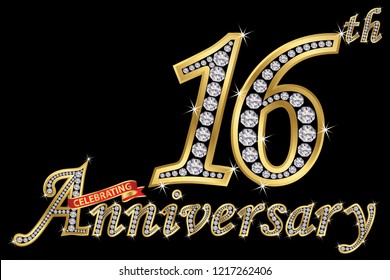 Celebrating  16th anniversary golden sign with diamonds, vector illustration