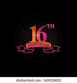 Celebrating the 16th anniversary logo, with gold rings and gradation ribbons isolated on a black background.