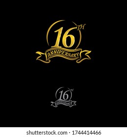 Celebrating the 16th anniversary logo, with gold rings and gradation ribbons isolated on a black background.EPS 10