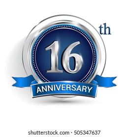 Celebrating 16th anniversary logo, with silver ring and blue ribbon isolated on white background.