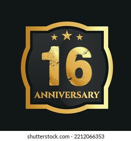 Celebrating 16th years anniversary with golden border and stars on dark background, vector design.
