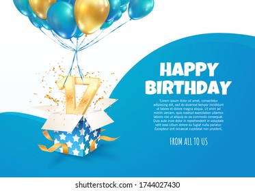 Celebrating of 17 th years birthday vector illustration. Seventeen anniversary celebration. Teenage birth day. Open gift box with numbers one and seven  flying on balloons 