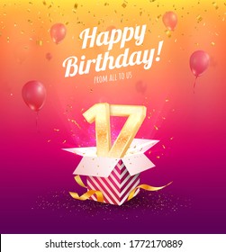 Celebrating 17 th years birthday vector illustration. Seventeen-anniversary celebration. Teen birth day. Open gift box with numbers three and eight flying on balloons