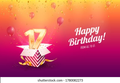 Celebrating 17 th years birthday vector illustration. Seventeen anniversary celebration invitation card. Adult birth day. Open gift box with flying one and seven numbers 