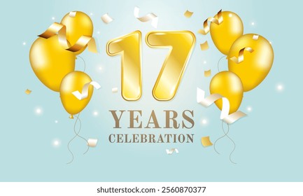 Celebrating 17 years. Birthday. There are golden balloons with streamers and the number 17 on the background of the sky.