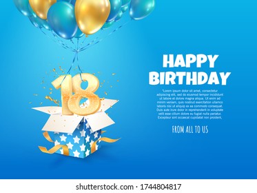 Celebrating of 18 th years birthday vector illustration. Eighteen anniversary celebration. Teenage birth day. Open gift box with numbers one and eight flying on balloons 