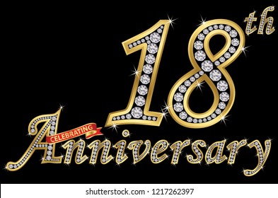 Celebrating  18th anniversary golden sign with diamonds, vector illustration