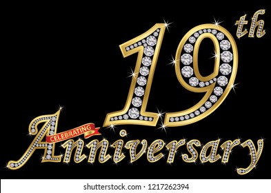 Celebrating  19th anniversary golden sign with diamonds, vector illustration