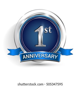 Celebrating 1st anniversary logo, with silver ring and ribbon isolated on white background.